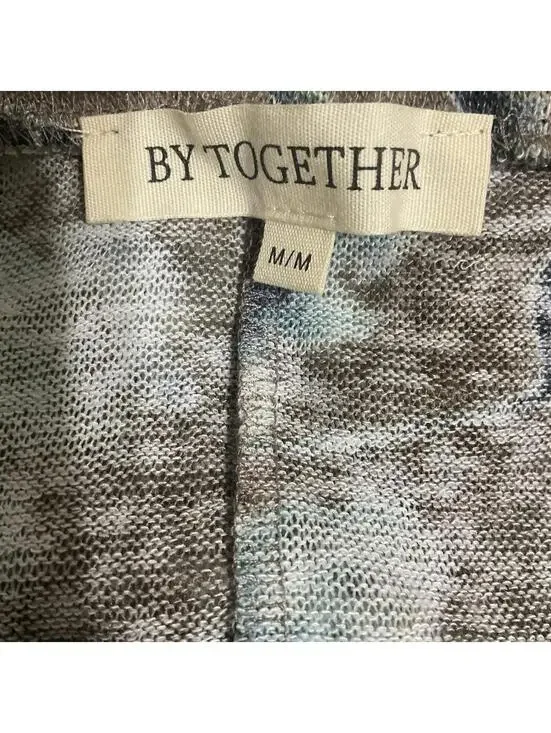 BY TOGETHER Floral Tunic Top Dress M Blue Taupe Keyhole Short Sleeve Boho Shift - Picture 5 of 6